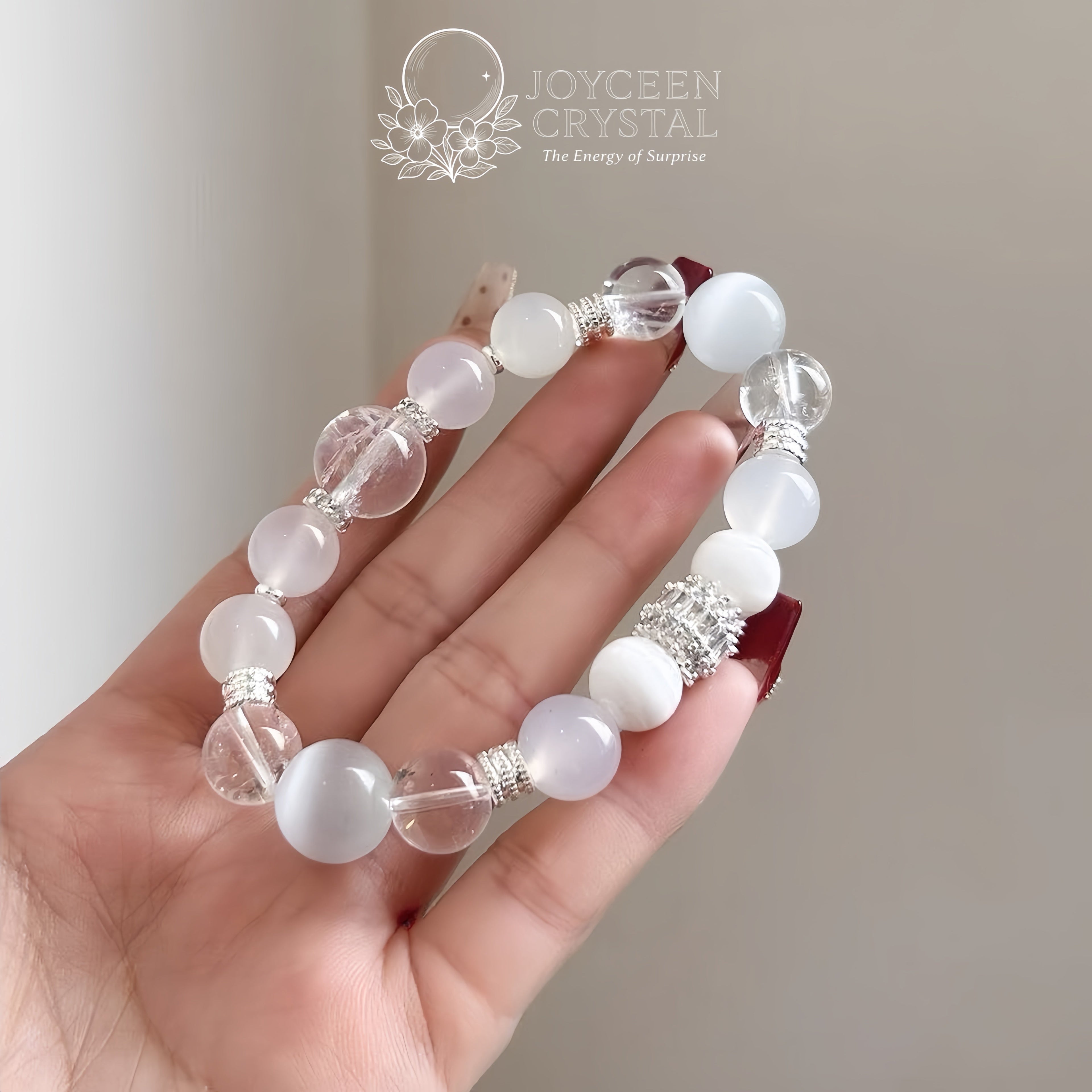 Five Blessings - Metal Bracelet White Agate White Cat’s Eye with Career Luck & Wealth Energy - Joyceen Crystal