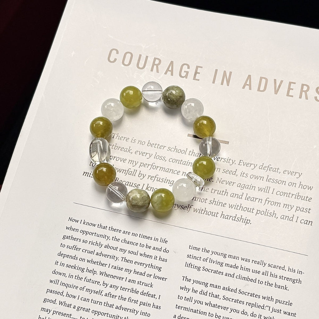 Joyceen Green Berlin Crystal Bracelet featuring Xiuyu Jade, Green Phantom Quartz, and Clear Quartz gemstones