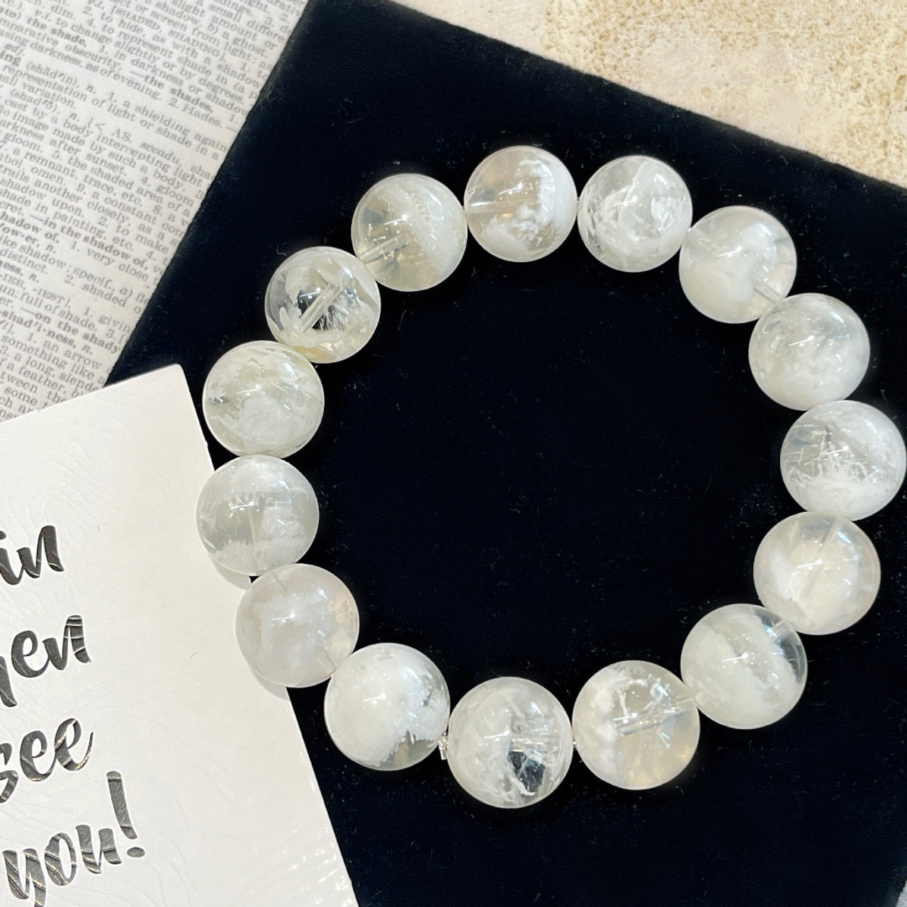 Joyceen Snow Veil Crystal Bracelet featuring natural 9A Snow Phantom Quartz with delicate snowflake-like inclusions