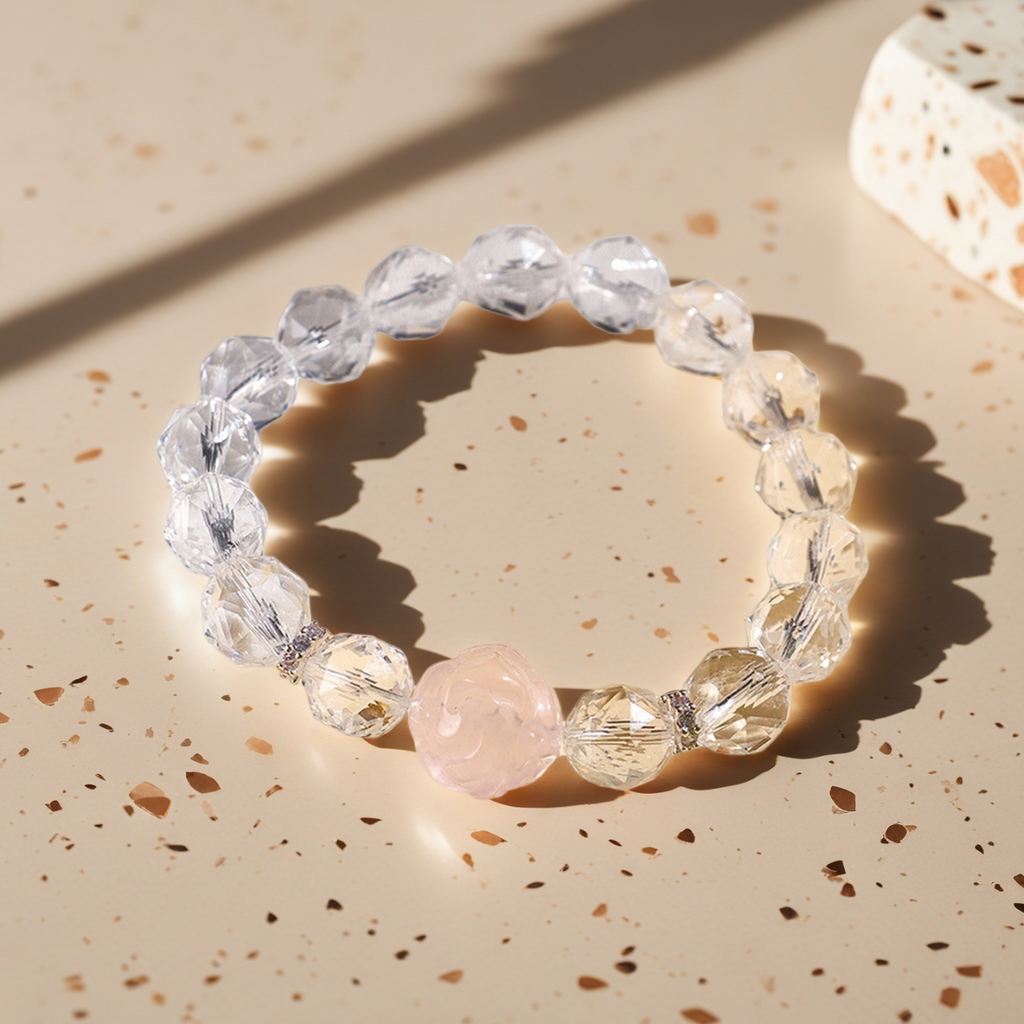 Joyceen Sweet Fox Crystal Bracelet featuring natural Clear Quartz beads and a Rose Quartz nine-tailed fox centerpiece