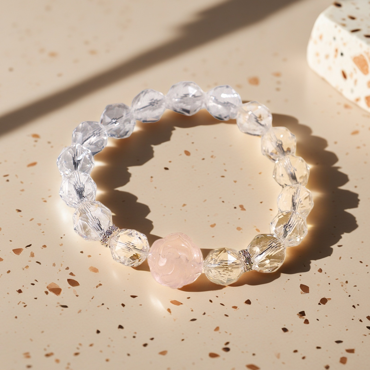Joyceen Sweet Fox Crystal Bracelet featuring natural Clear Quartz beads and a Rose Quartz nine-tailed fox centerpiece
