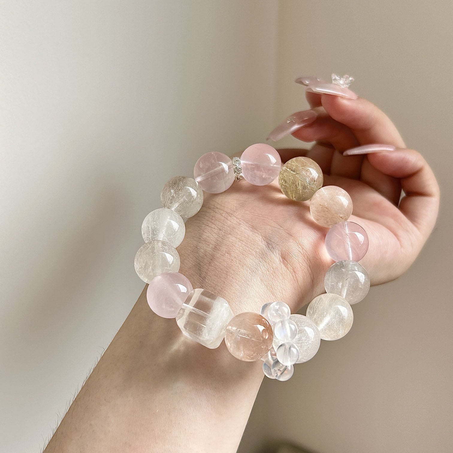 Koi Wish Rose Quartz Crystal Bracelet with Koi Hematoid Quartz, Rutilated Quartz & Clear Quartz - Joyceen Crystal