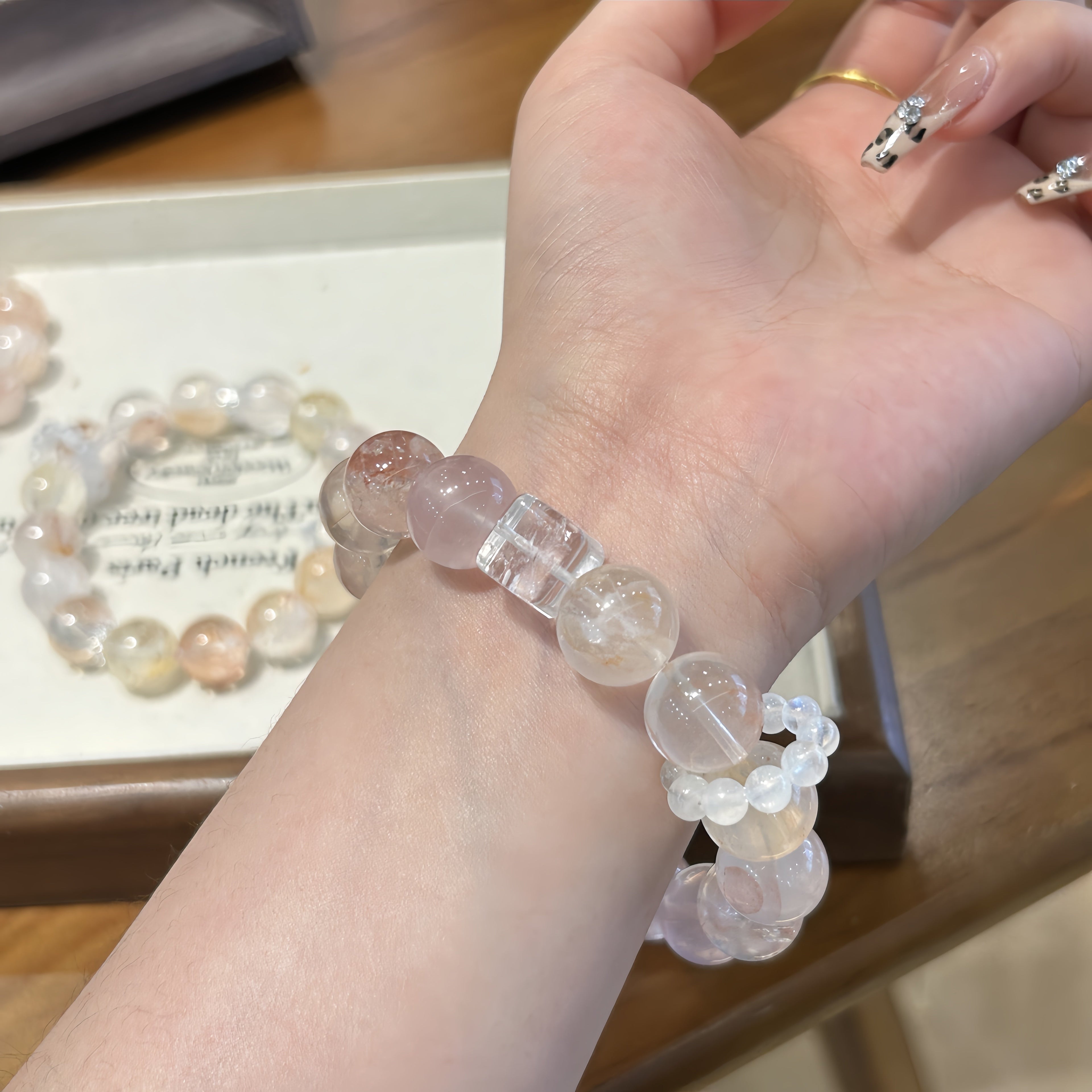 Koi Wish Rose Quartz Crystal Bracelet with Koi Hematoid Quartz, Rutilated Quartz & Clear Quartz - Joyceen Crystal