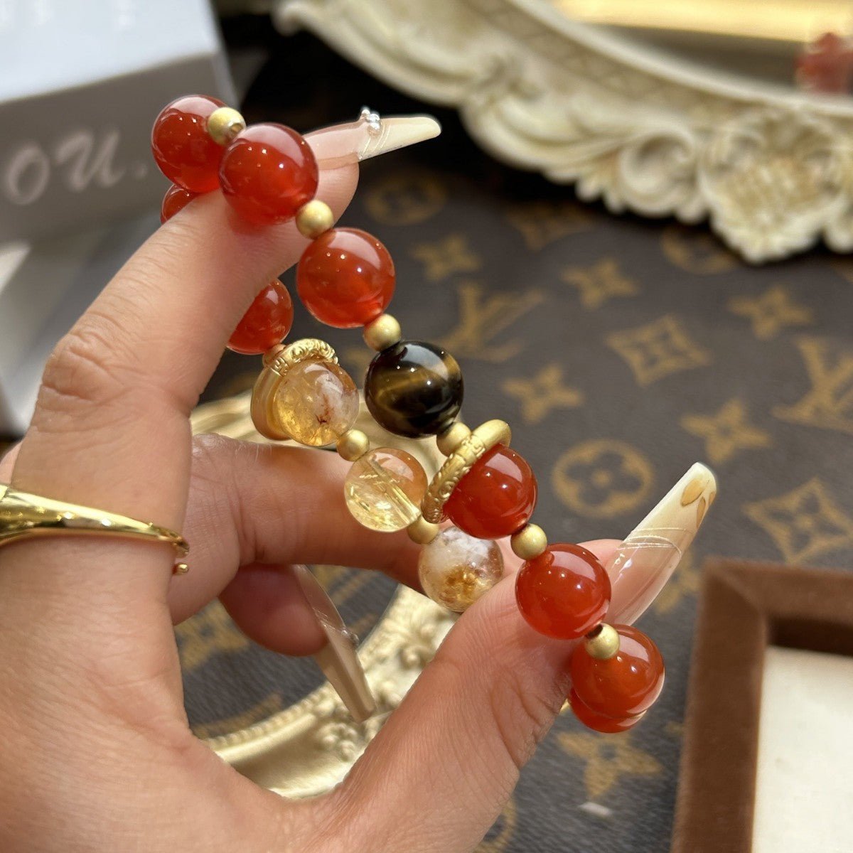 Nezha’s Ocean Fury Crystal Bracelet – Red Agate & Citrine with Golden Fire Wheels | Energy of Courage & Transformation - Joyceen Crystal
