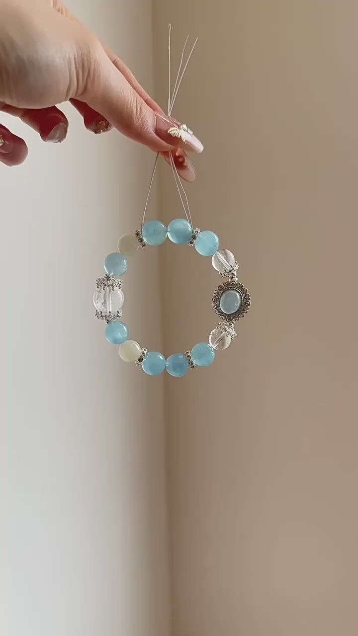 Ocean’s Secret Energy Crystal Bracelet Aquamarine, Moonstone for Calming, Intuition & Spiritual Awakening
