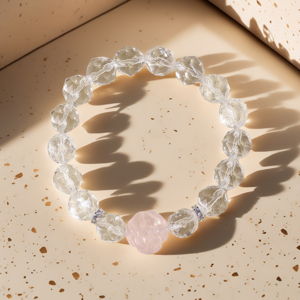 Sweet Fox Crystal Bracelet gift featuring Rose Quartz fox charm and Clear Quartz gemstones for friendship and meaningful gifting