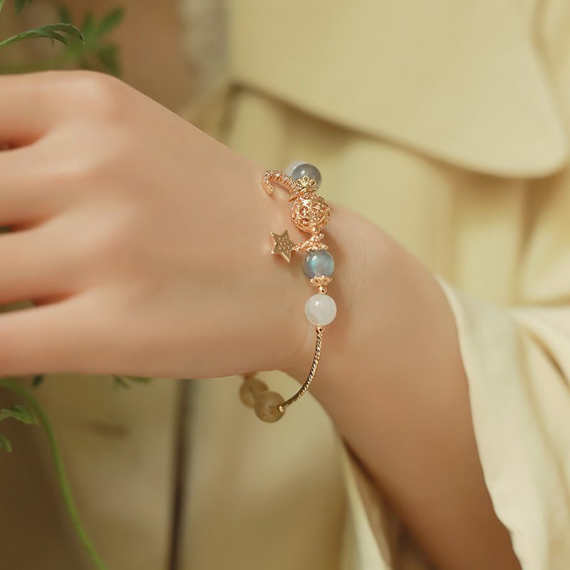 Starlit Moon Gray Moonstone & Golden Rutilated Quartz Crystal Bracelet with Star and Moon Charms - Joyceen Crystal