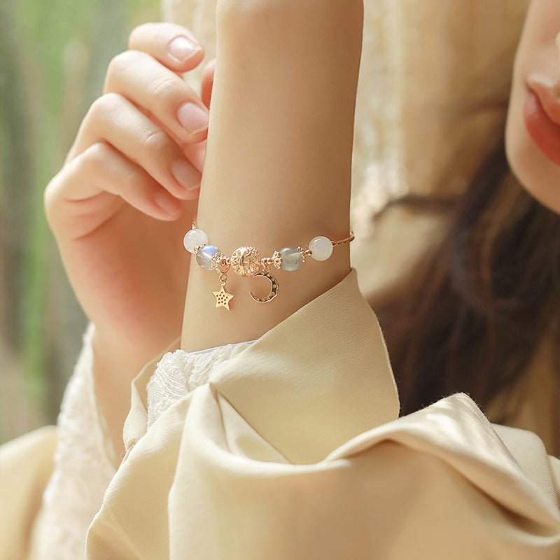 Starlit Moon Gray Moonstone & Golden Rutilated Quartz Crystal Bracelet with Star and Moon Charms - Joyceen Crystal