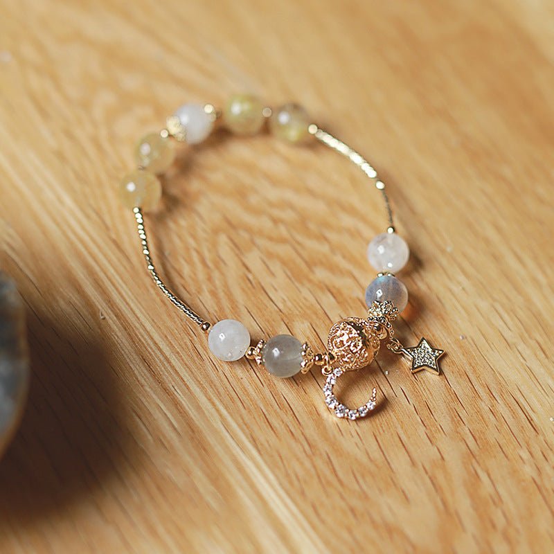 Starlit Moon Gray Moonstone & Golden Rutilated Quartz Crystal Bracelet with Star and Moon Charms - Joyceen Crystal