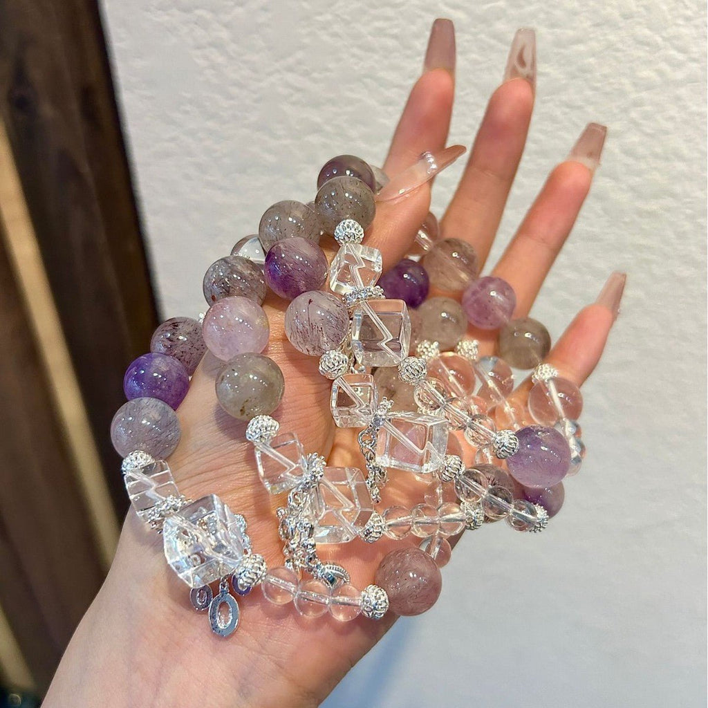 Violet Dawn Super Seven Amethyst & Clear Quartz Crystal Bracelet with Sterling Silver - Joyceen Crystal