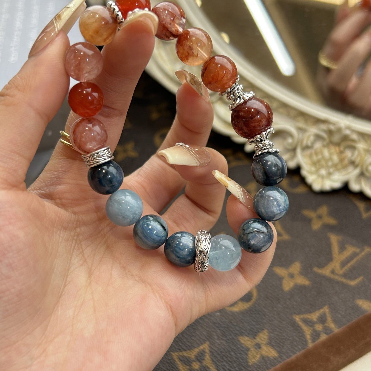 Water & Fire Balance Crystal Bracelet – Red Flower Agate & Blue Kyanite Energy Stone - Joyceen Crystal